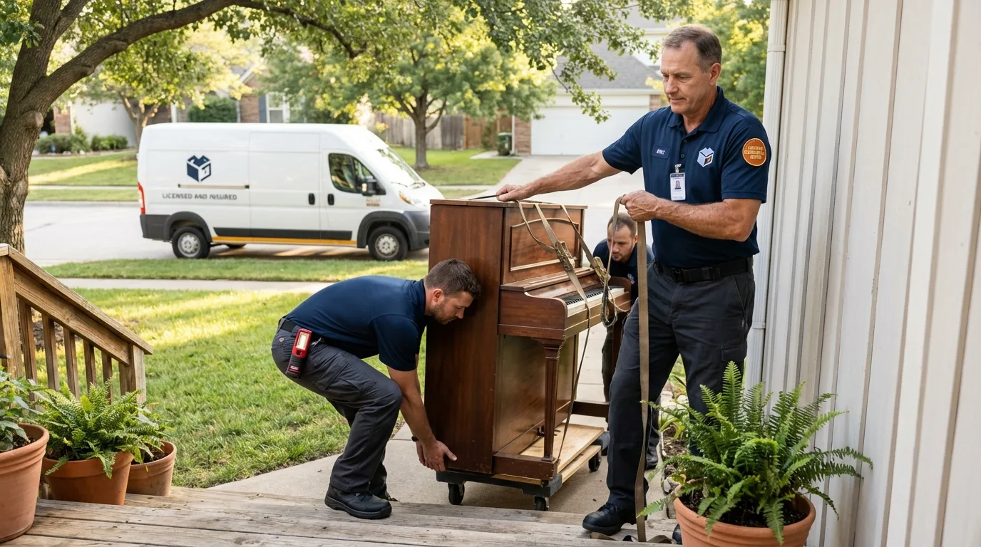 Licensed piano movers securing grand piano in Fort Lupton, CO