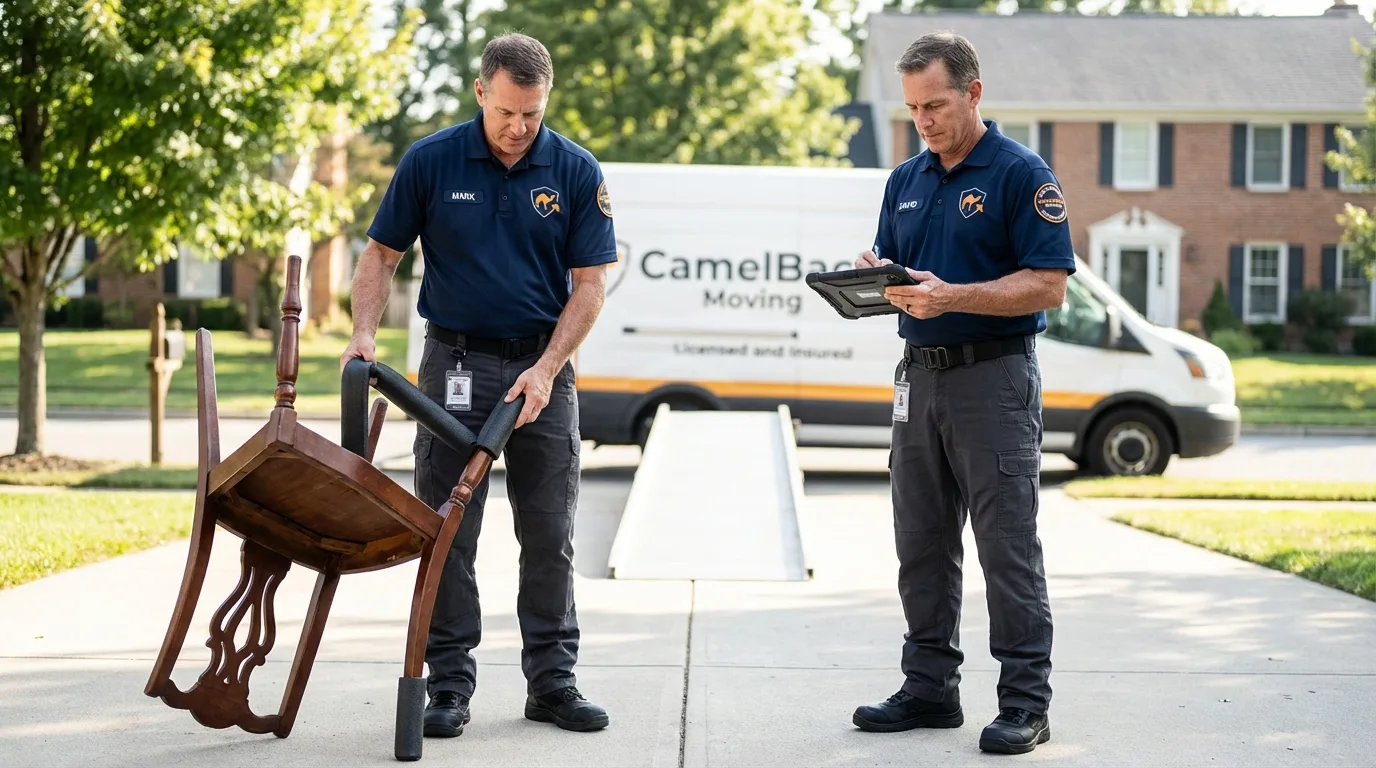 Movers inspecting furniture for damage prevention before loading in Fort Lupton, CO