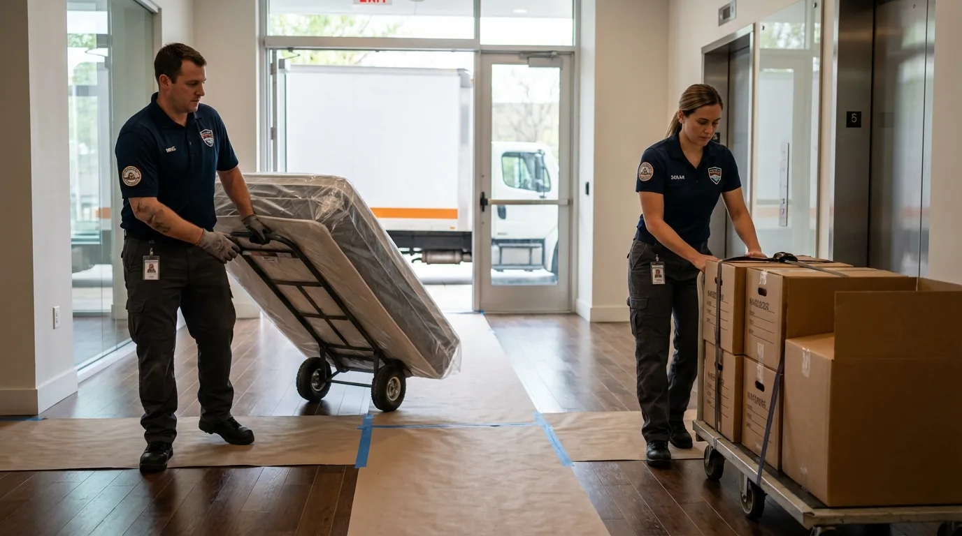 Professional apartment movers loading elevator in Fort Lupton, CO